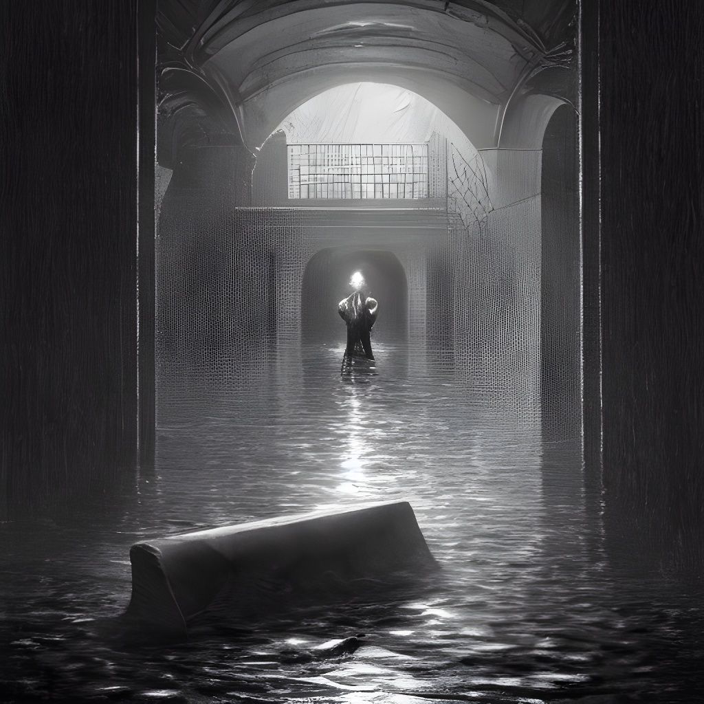 realistic dark flooded dirty old basement, stairs submerged ...