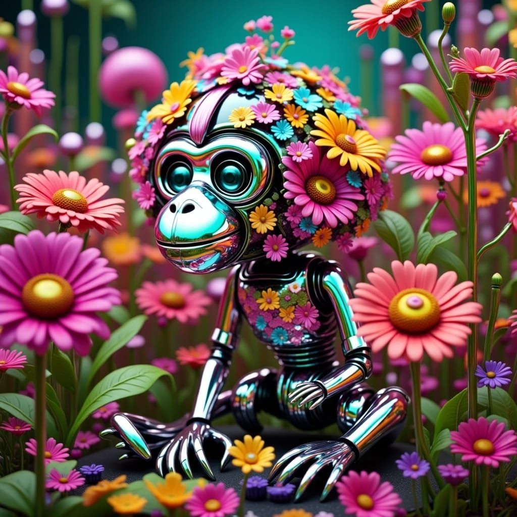 Robot monkey <lora:Flower Chrome Robots:1.0>in tropical flowers oil slick on flower chrome covered in flowers 