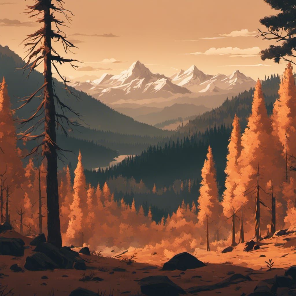 Firewatch art style forest with mountains in background. The sky has to ...