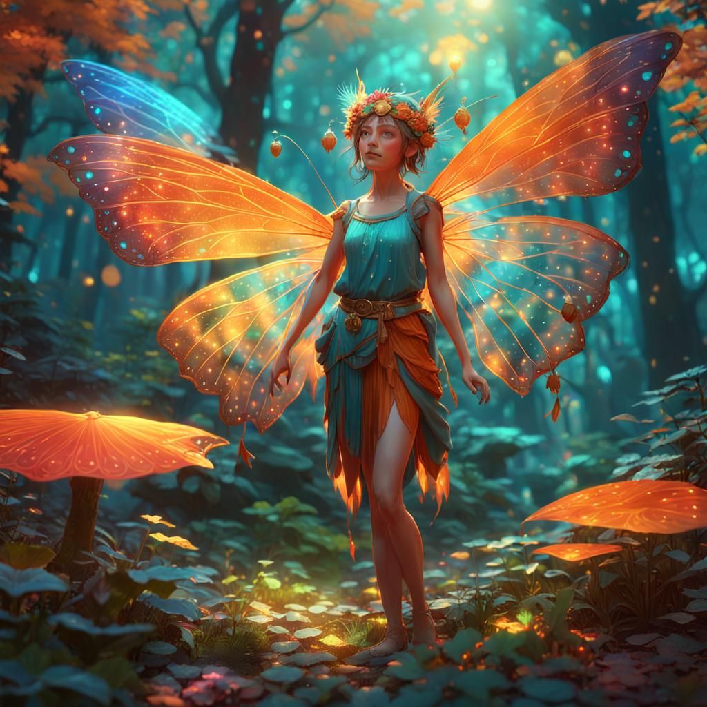 A beautiful tiny fairy in a vibrant and multicolored forest garden  by @Ander