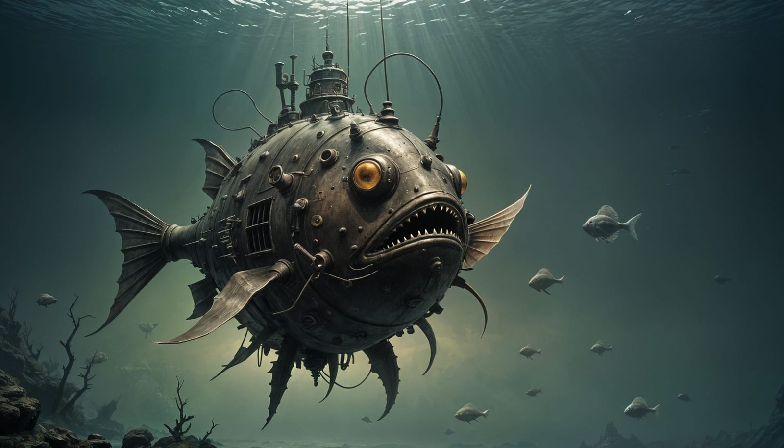 Engineering colossus in greenish, murky waters.