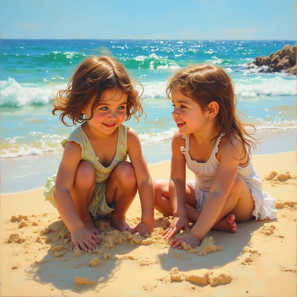 Children Play on Beach in Golden Afternoon Light