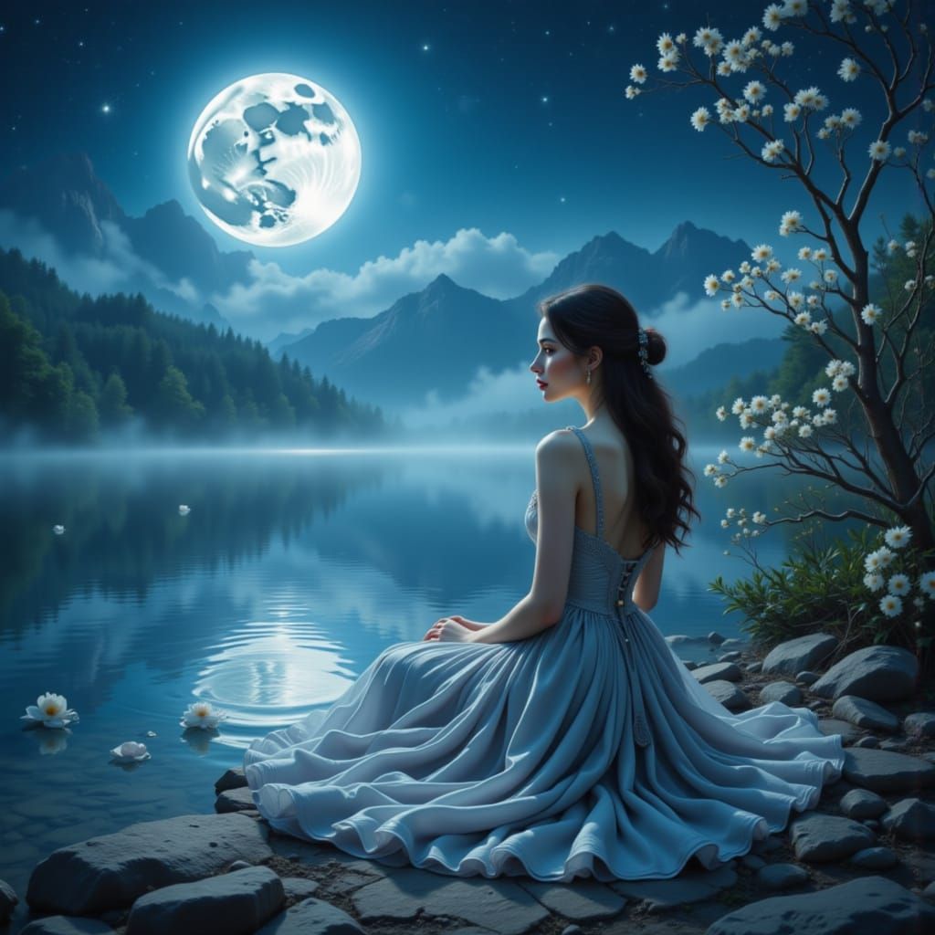 Woman by Silver Lake Under Giant Moon