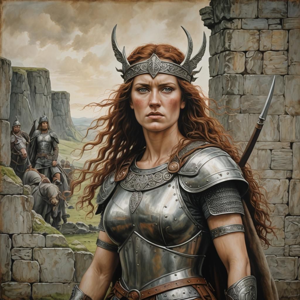 portrait Celtic warrior Boudica, Hadrian's wall in the background ...