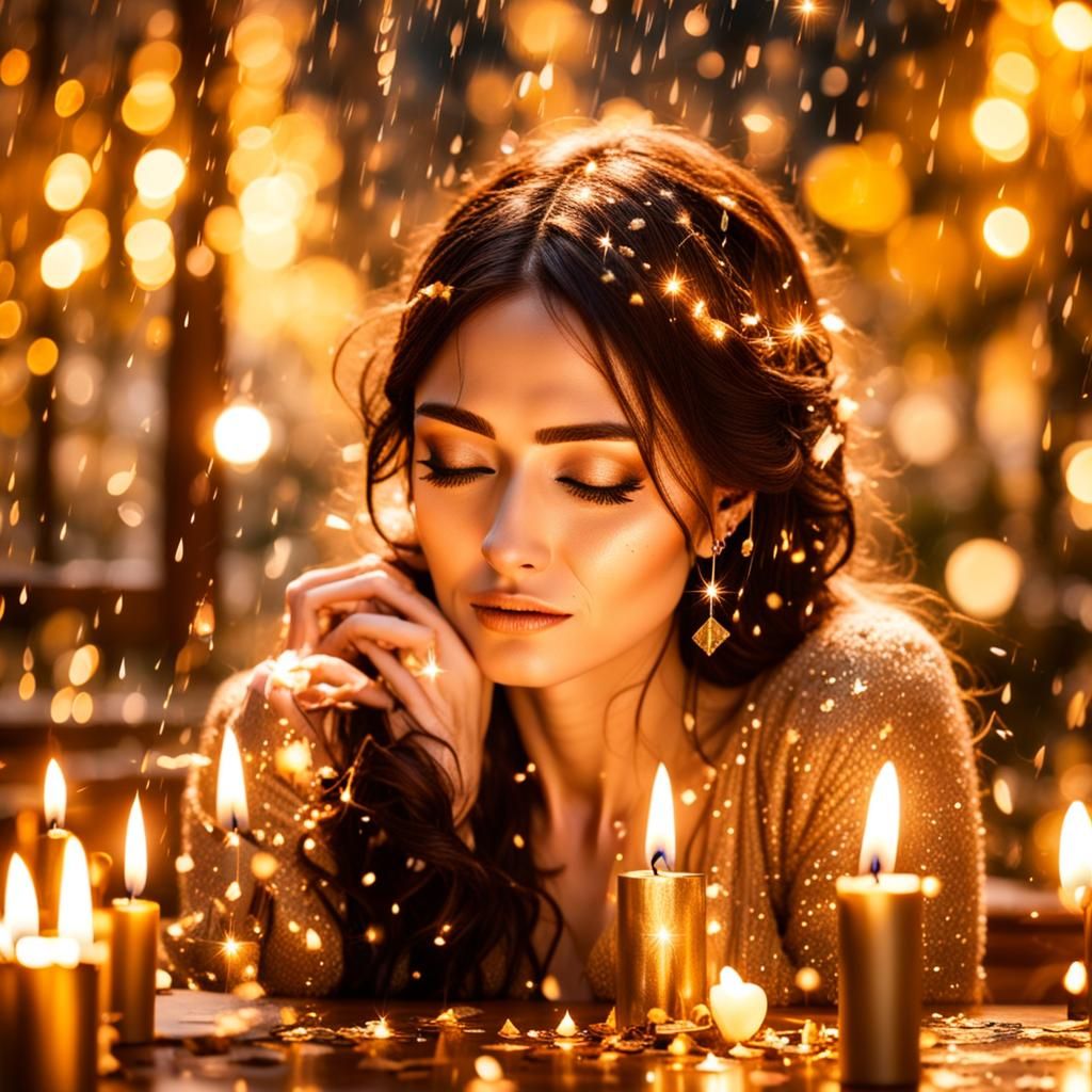 Woman in Tears with Golden Sparkles