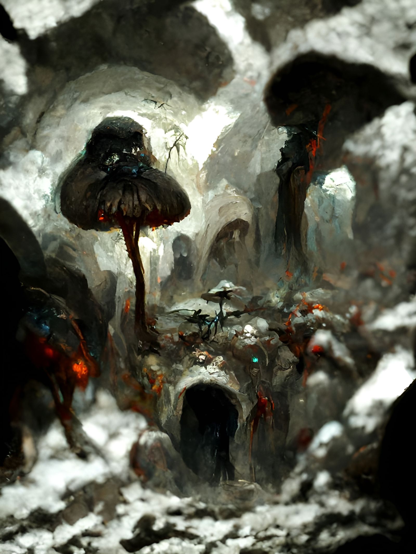 A dark cave filled with evil mushrooms and mycelia, 8k artwo...