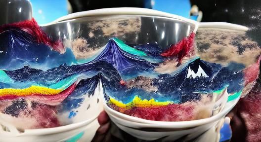mountains, oceans, and the sky being poured out a cup into c...