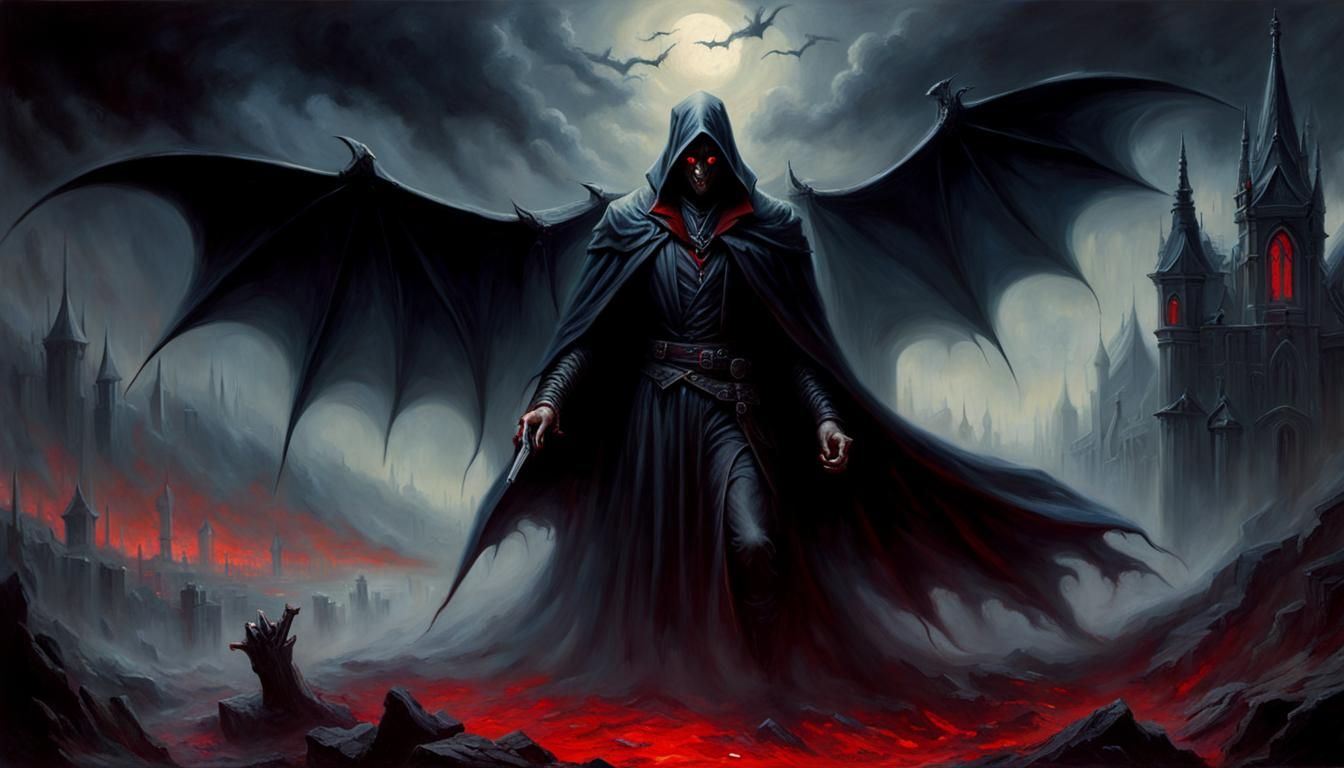 Terrifying shadow vampire, violent, red eyes ready to attack. Oil