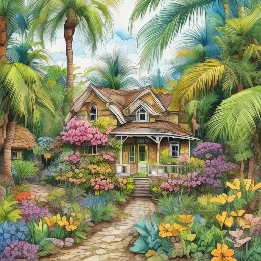 <lora:Ink Outline:1.0> Fine line Ink outline of a cottage in a beautiful gardenscape tropical flowers alcohol 