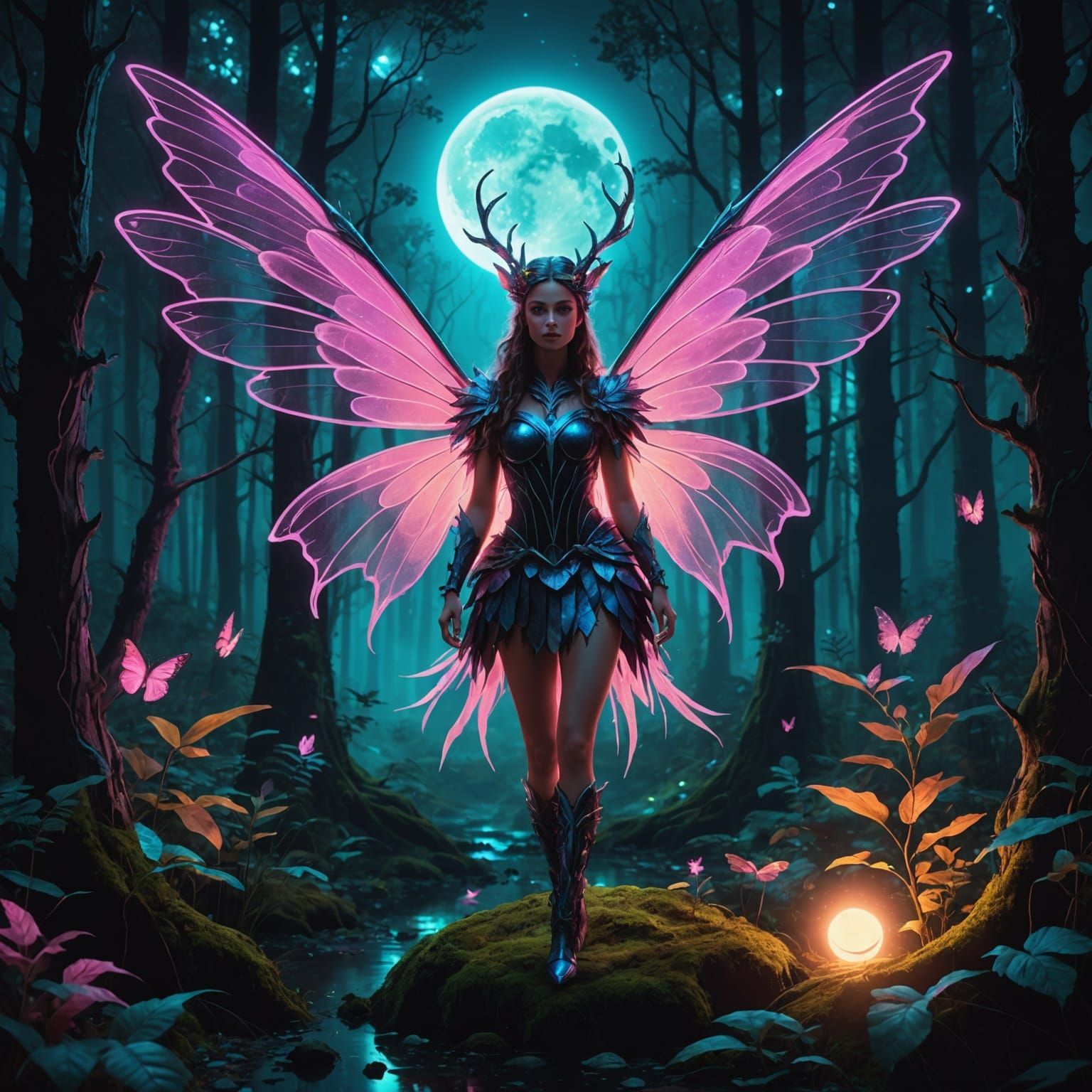 Neon Fantasy Forest with Glowing Fairy