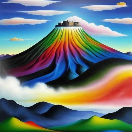 Surreal Rainbow Ink Mountainscape as Oil Painting