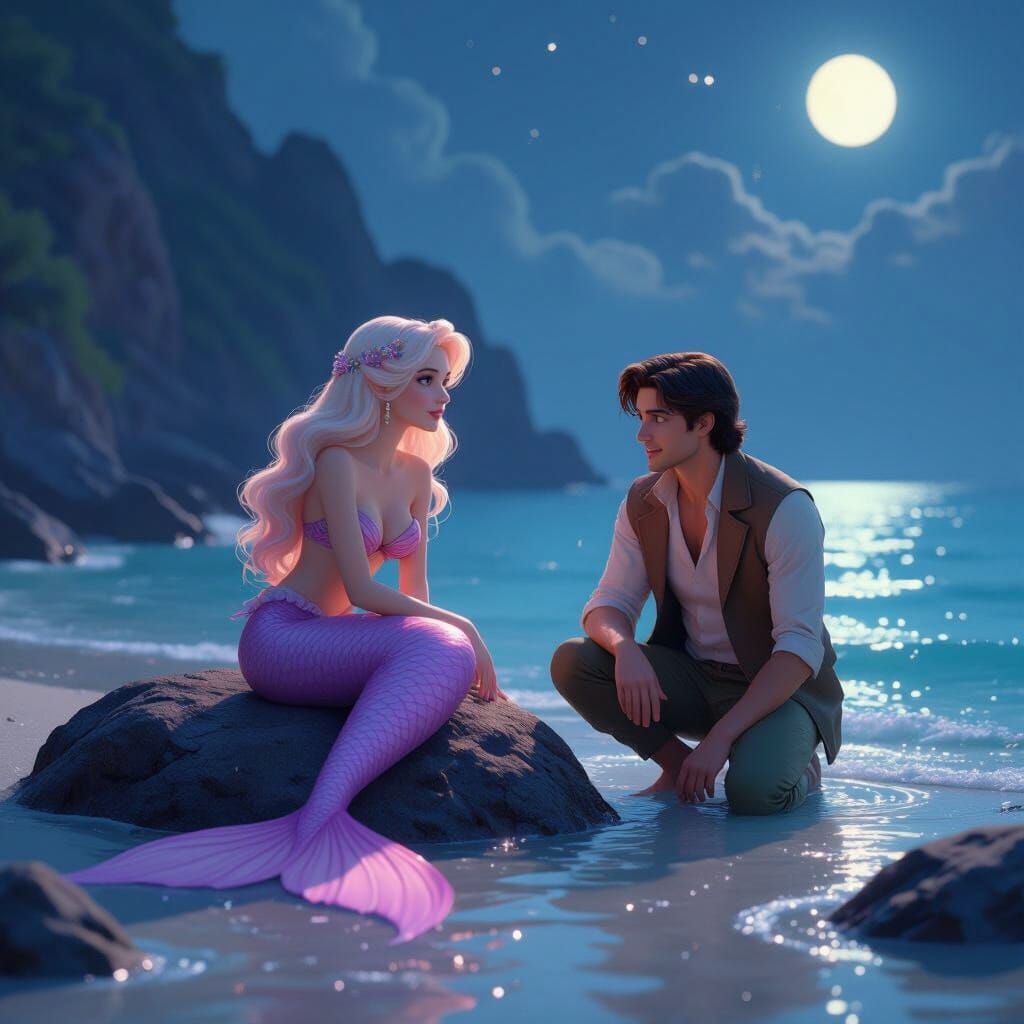 Moonlit ocean cove at dawn, pink-violet-tailed mermaid resting on a rock, cream wavy hair flowing, she is fair colour, man kneeling on shore...