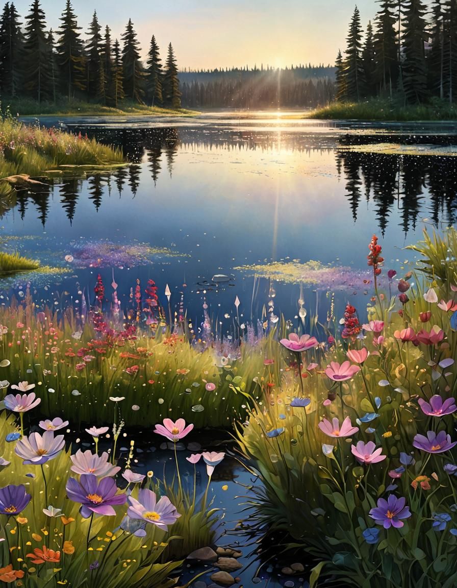 (with shimmering, iridescent light from scattered, crystal-like dew drops catching the light:1.9) Watercolour Canadian Flag, Canadian wildfl...