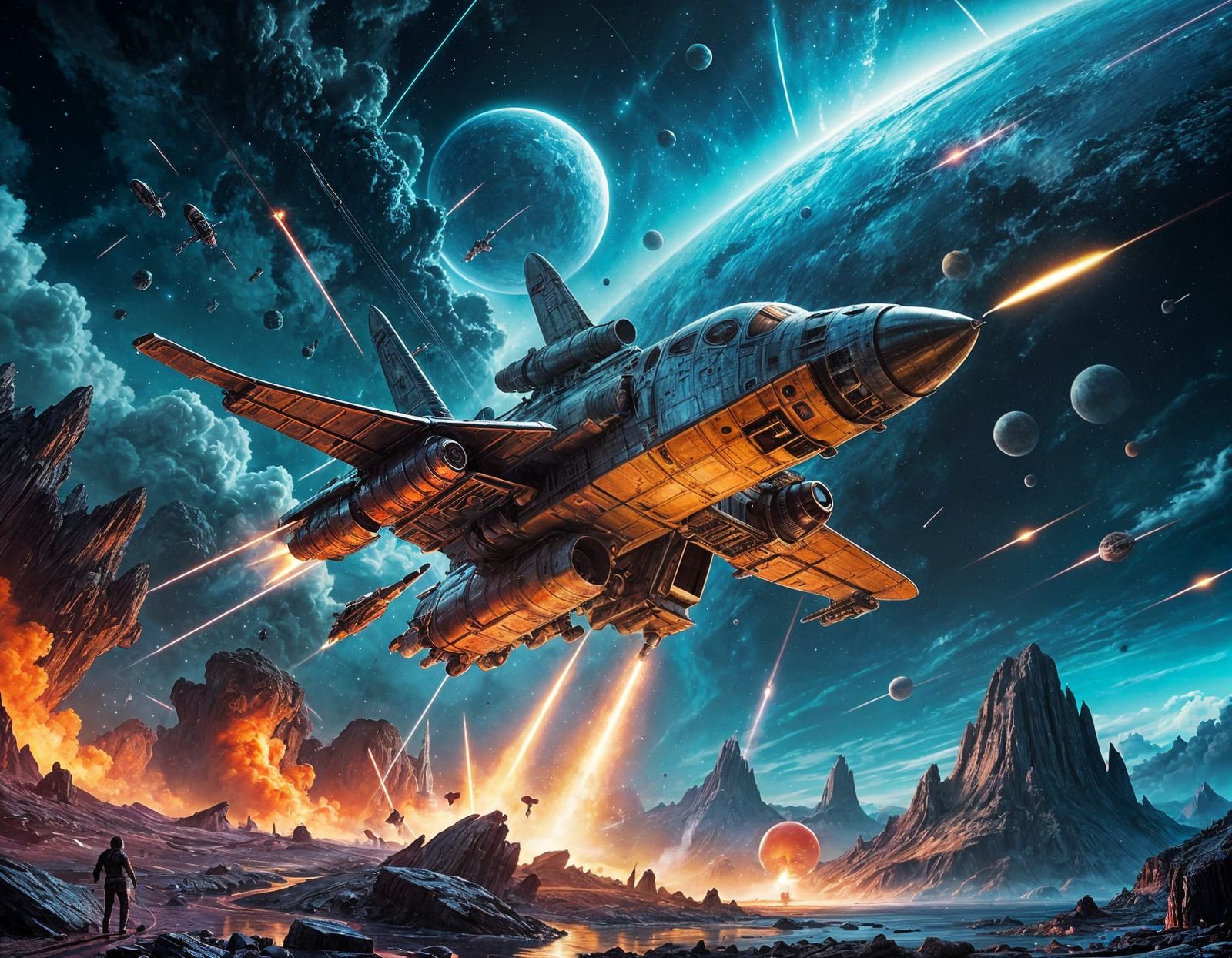 Retro-futuristic rocket ship blasting off from alien planet.  by @Dreamer in Hell