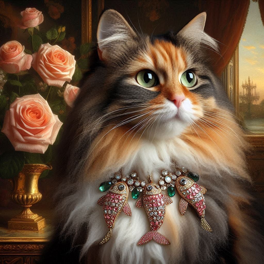 Calico wearing a fish necklace