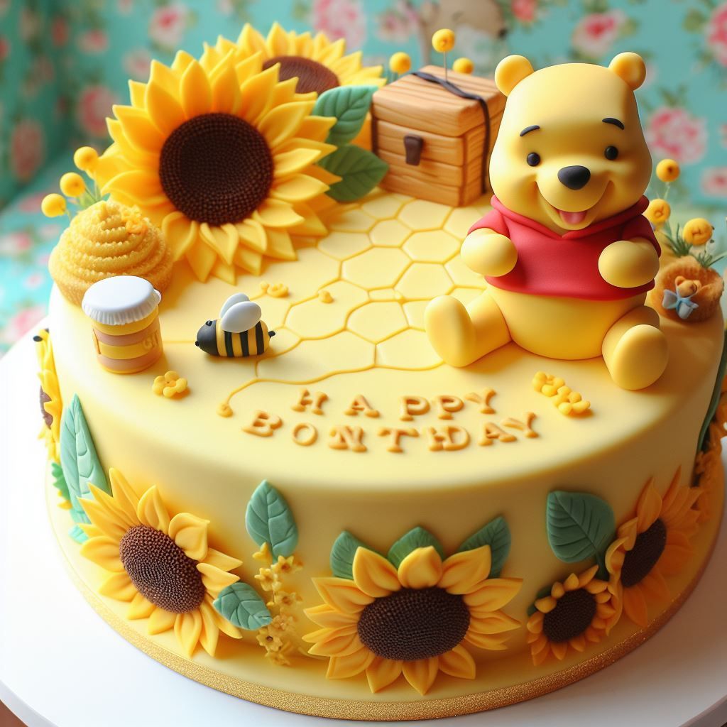 pooh bear cake and sunflowers
