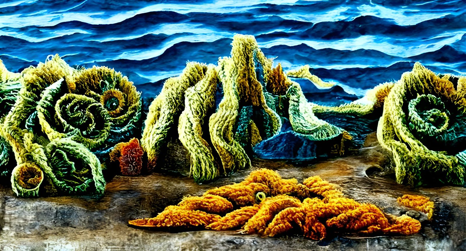 Beautiful needlepoint of a Surrealist Landscape of tide pool...