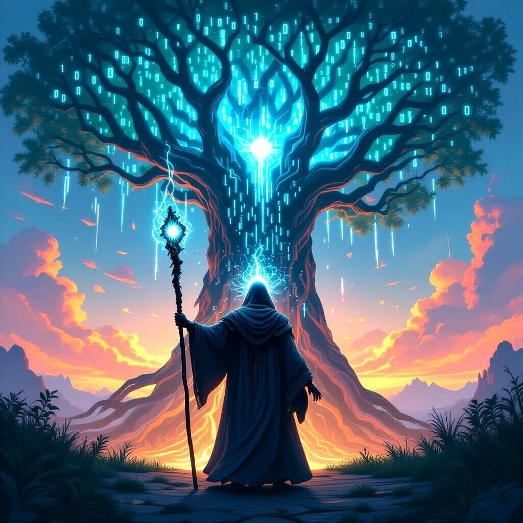 A digital wizard with a staff of pure energy stands before a towering tree of binary code, their eyes glowing with an otherworldly power. fa...