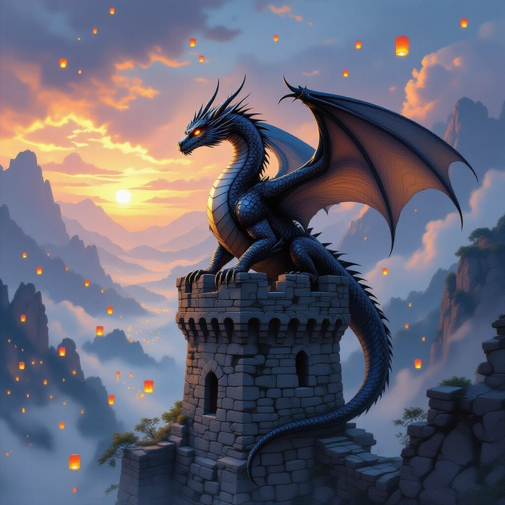 Obsidian Dragon Watches Over Lantern Valley