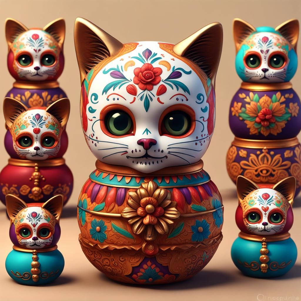 Kittens as a russian dolls for dia de los muertos