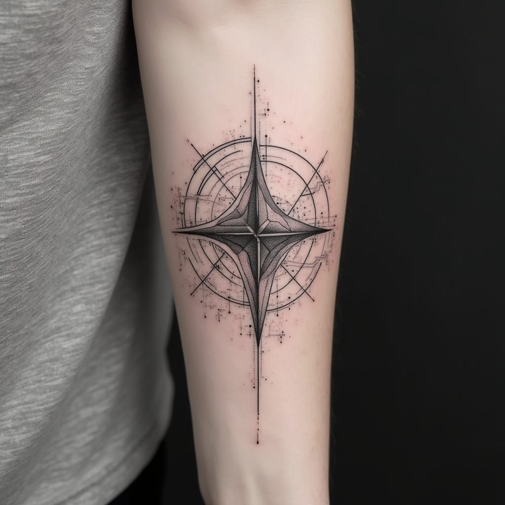 Lower arm tattoo, black ink only, sharp geometric lines merging with organic flow, dotwork shading, modern minimalist style, inspired by cyb...