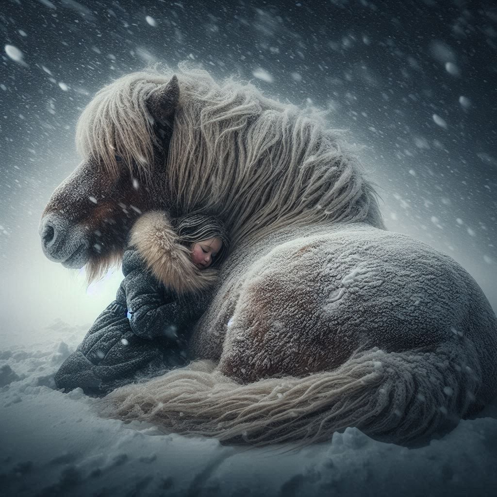 Horse and small woman cuddled together in blizzard