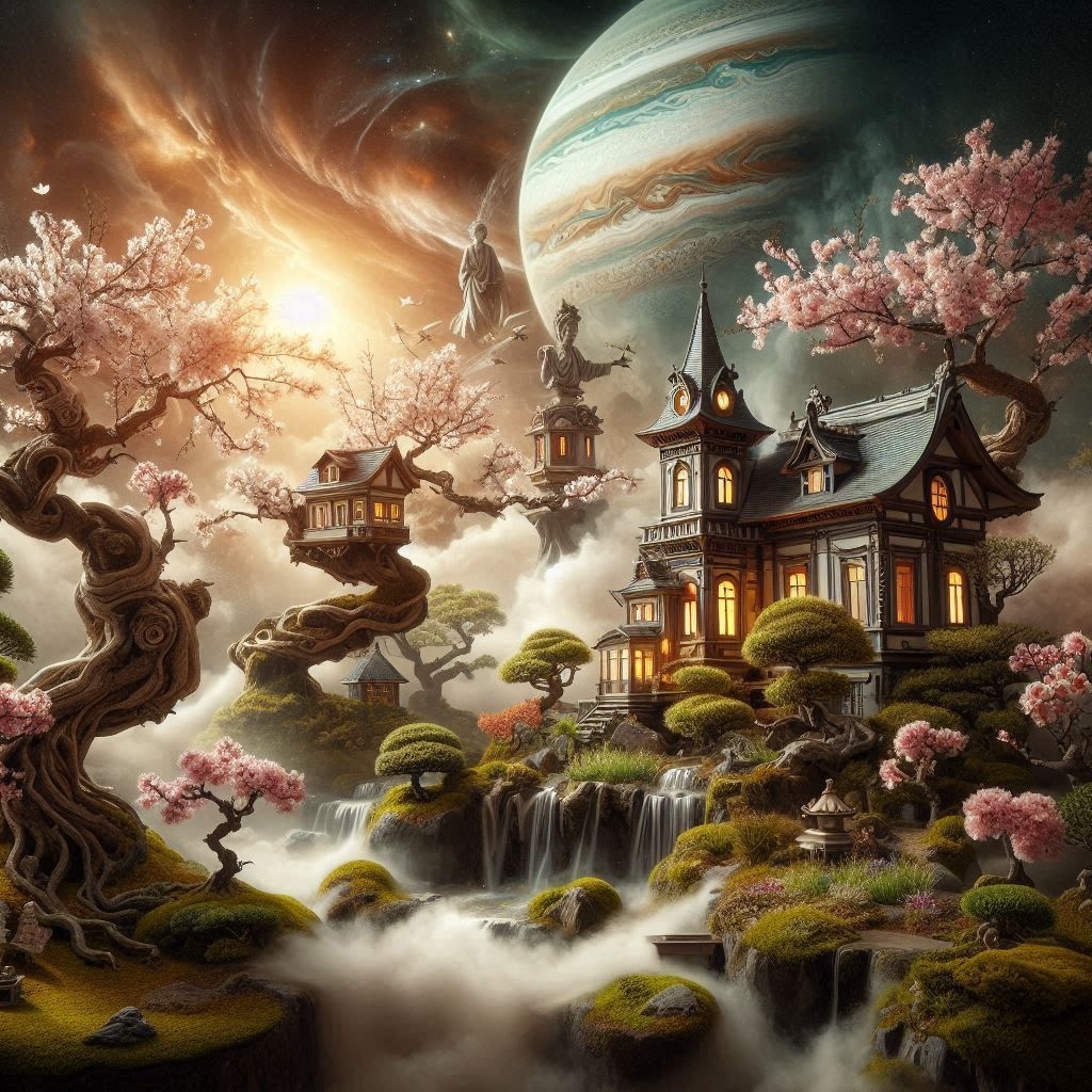 Misty cherry blossom bonsai house