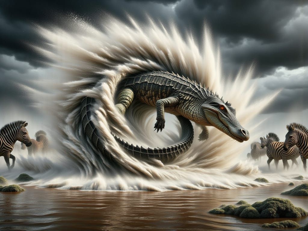  <lora:FiosWindsweptEcho:1.0> Crocodile in Leaping pose 