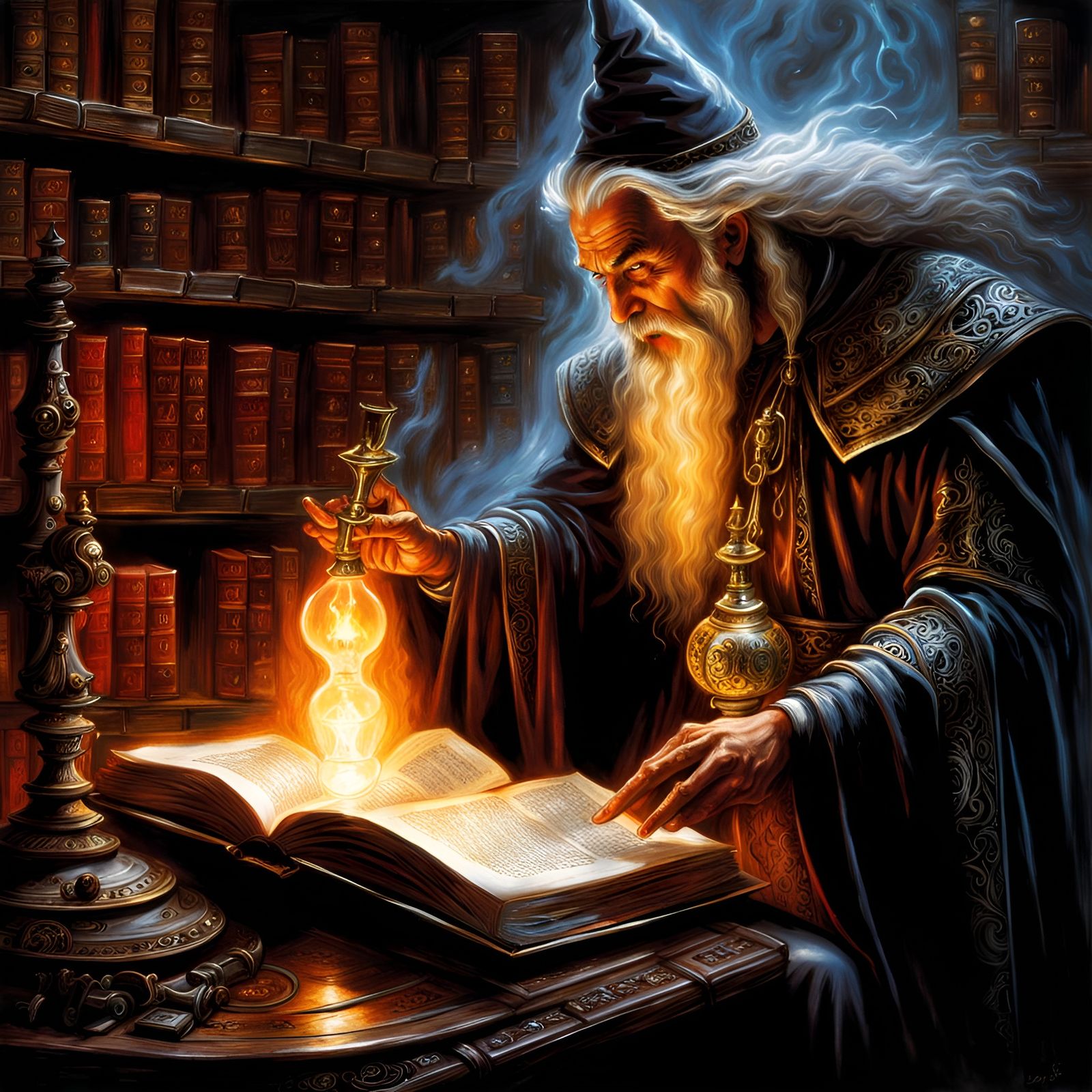 Wizard studying ancient tome in the light of actual lava lamp. - AI ...