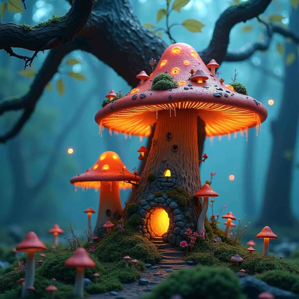 A fairy mushroom house in an enchanted bioluminescent forest...