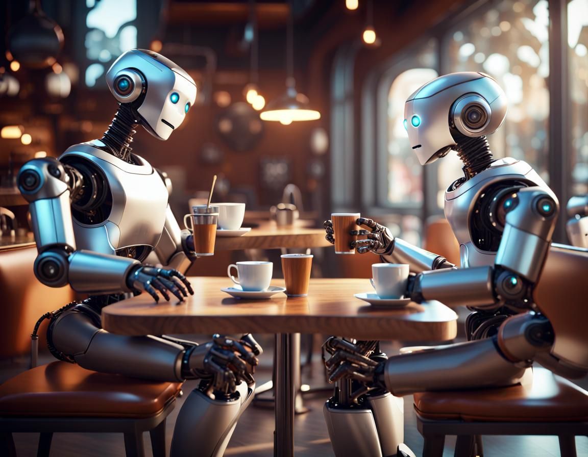 two robots sitting in a cafe, drinking coffee and talking to each other ...