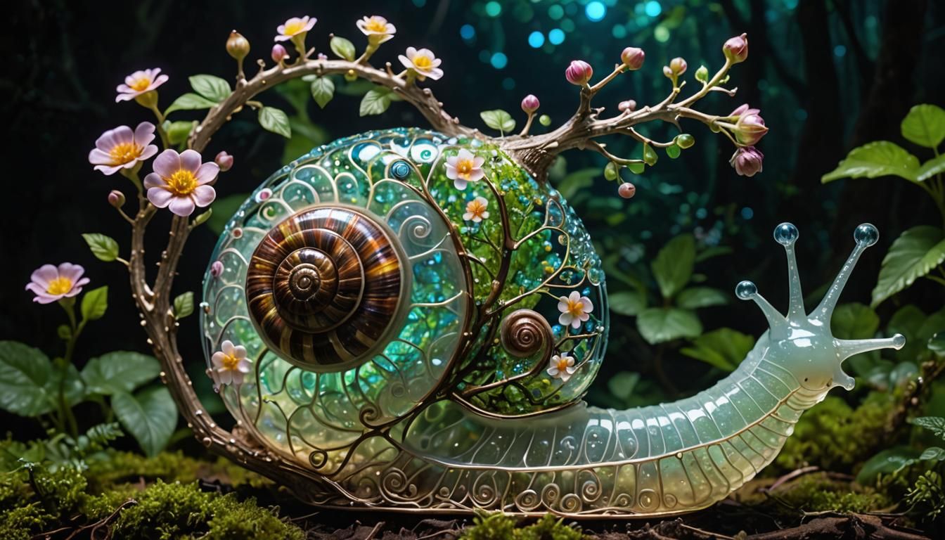 translucent glass snail in a tropical humid scene