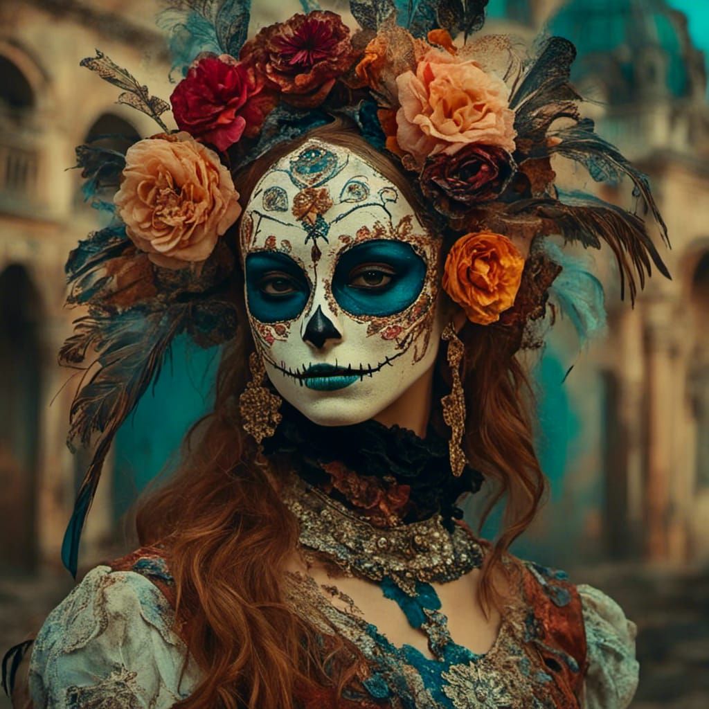 <lora:Mars Masquerade:1.0>
Medium shot of a beautiful woman wearing colorful Día de los Muertos face paint. pre-raphaelitism, Venetian masqu...