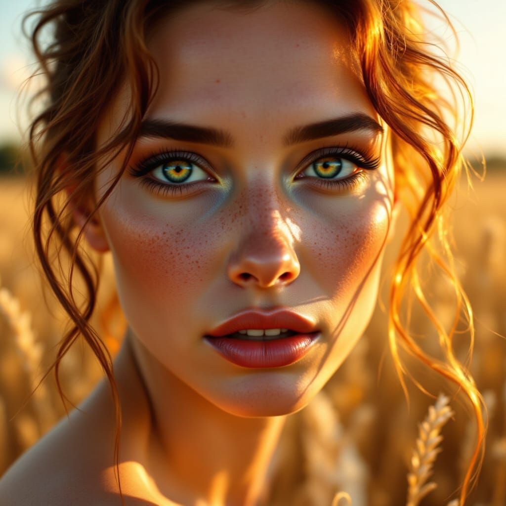 A mesmerizing close-up of a woman’s face, her freckles illuminated by the warm glow of a golden sunset. Wisps of auburn hair fall gently acr...