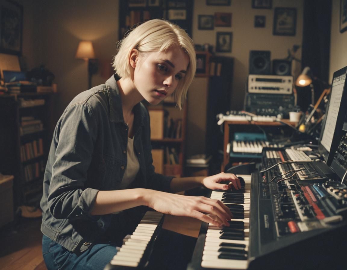 Female with short bleach blond hair, pale skin, playing keyb...