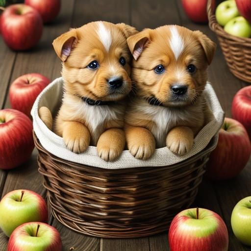 Puppies in a basket of apples