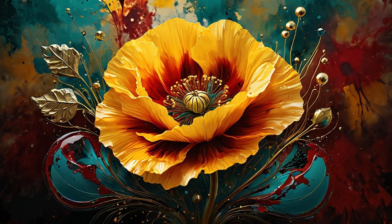 🌻💥🎨🌊🟡 Close-up yellow poppies dynamic ink splatter  by @PatrickF