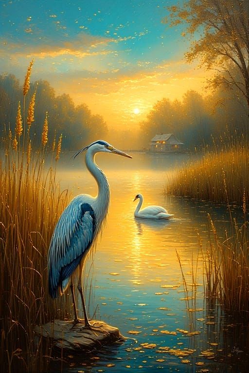 Serene lakeside at sunset