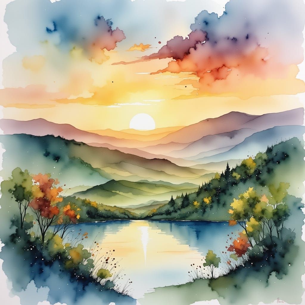 Serene Dawn Landscape in Watercolor Style
