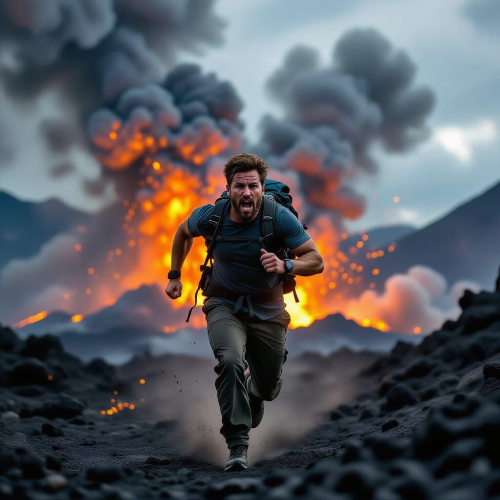 Hiker Running from Erupting Volcano in Cinematic Style