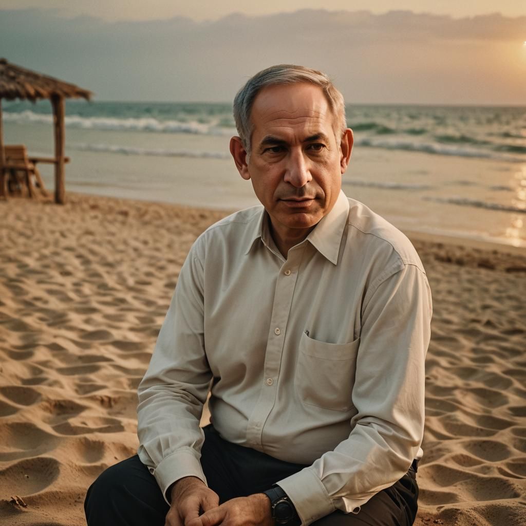 Netanyahu on a Beach at Sunset: Cinematic Portrait