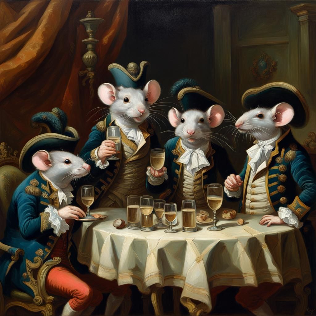 A group of french 18th century rats wearing tricornes and dr...