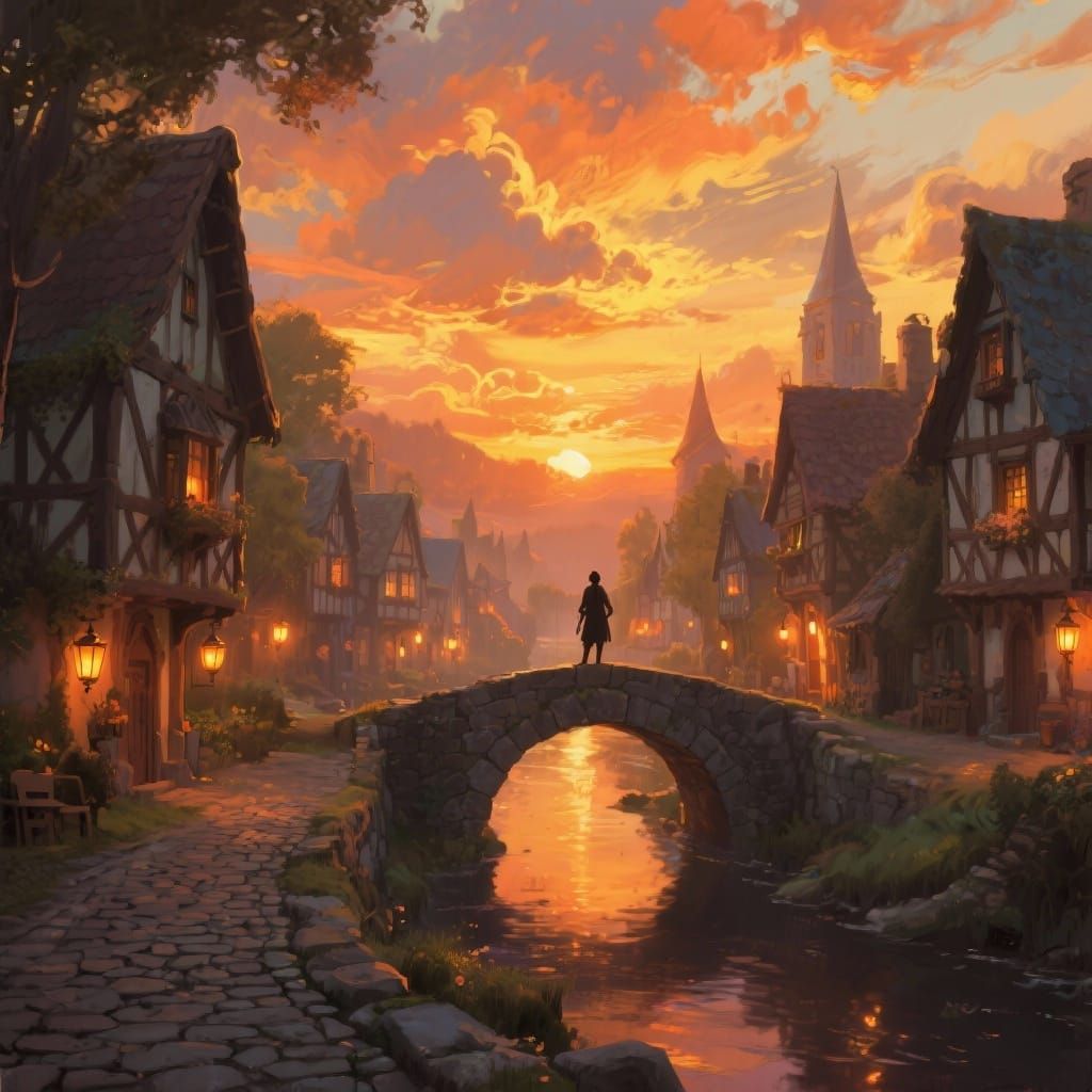 A dreamy, painterly digital illustration of a charming medieval fantasy town at sunset. The sky is a canvas of fiery orange and gold clouds,...