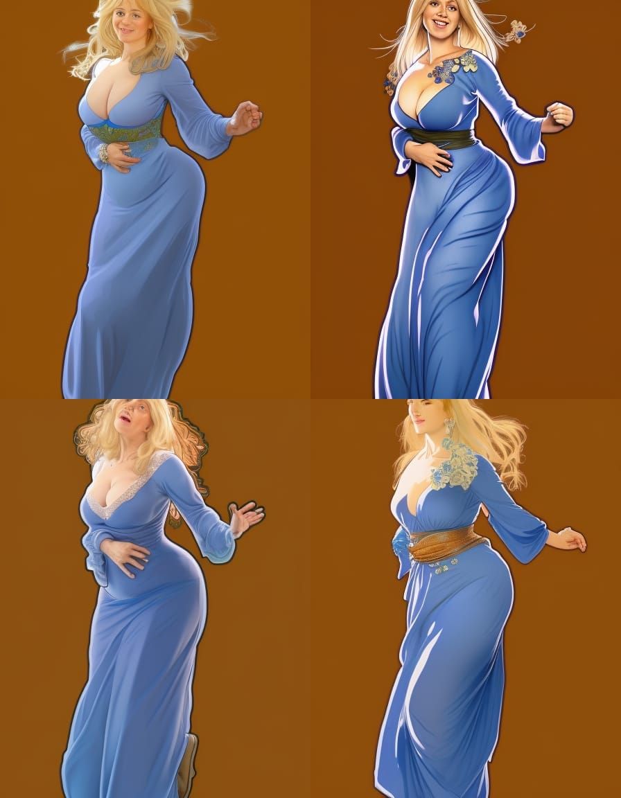 Realistic Full Body Portrait 48 Year Old Woman In Long Blue Dress With
