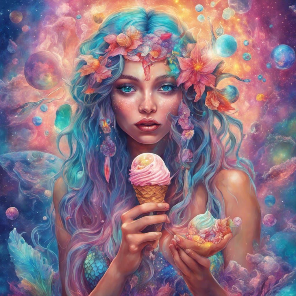 beautiful hippie fairy mermaid eating ice cream
