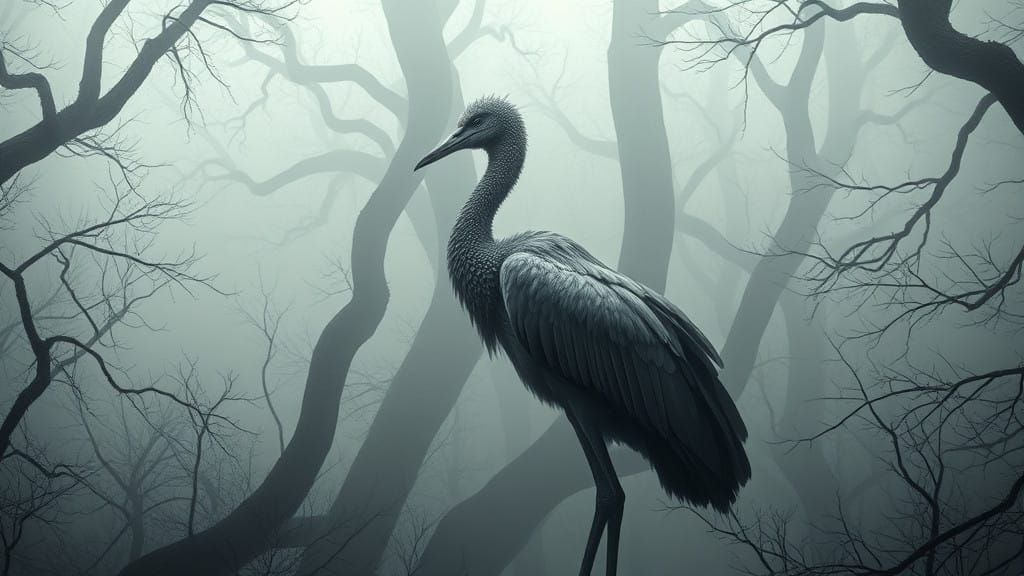 "An ethereal depiction of a moa bird standing amidst a mysterious, foggy forest. The dense mist envelops ...  by @Dan Jones