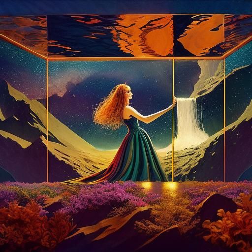 Mystical Woman with Eagle at Waterfall, Atmospheric Lighting