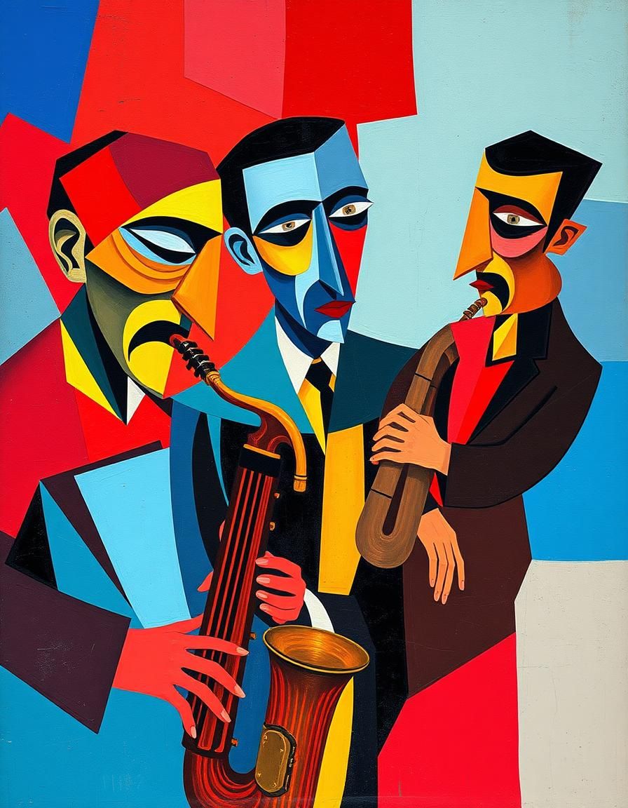 Three jazz musicians in bold Picasso cubism