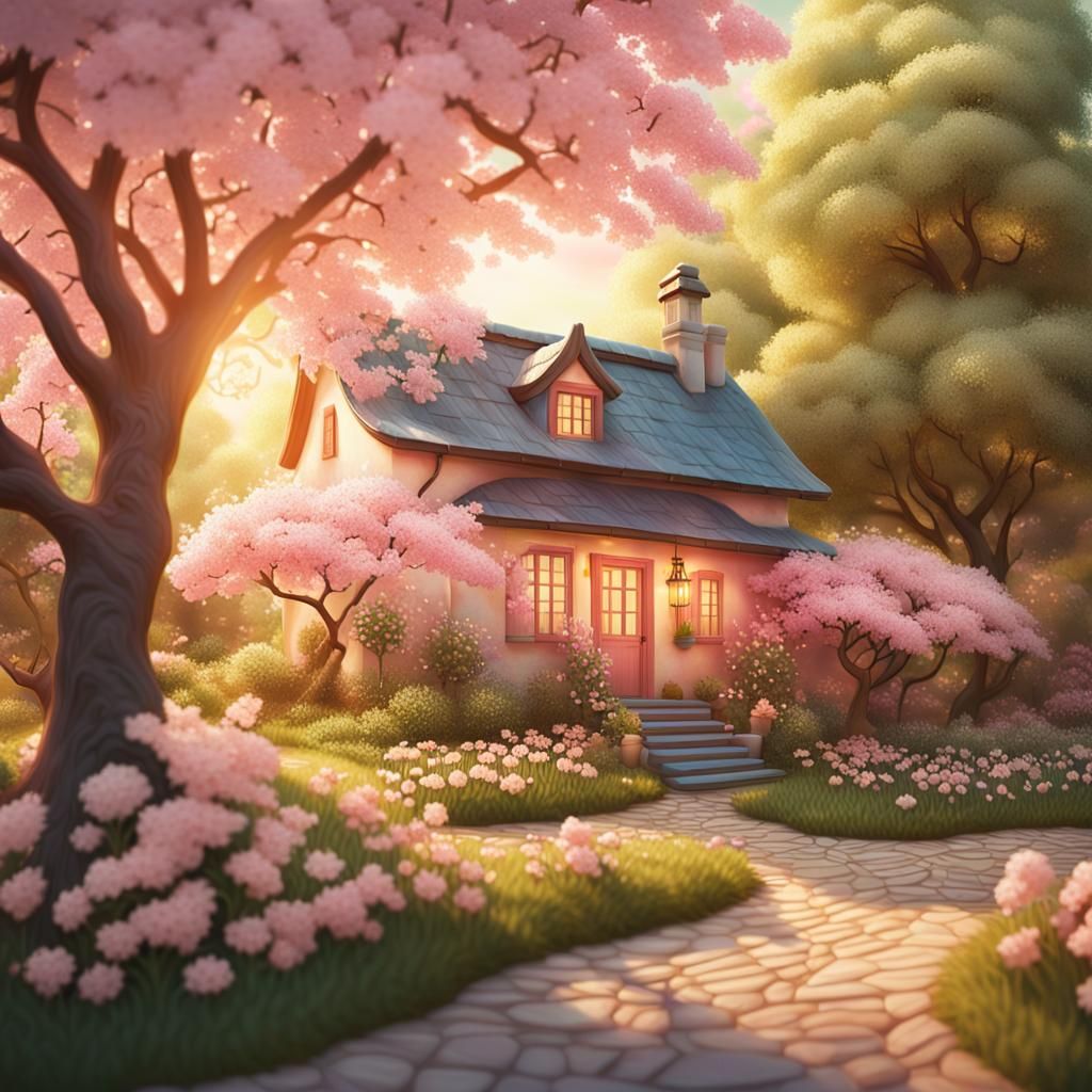 Sunlit Cottage with Cherry Blossoms: Fantasy Landscape