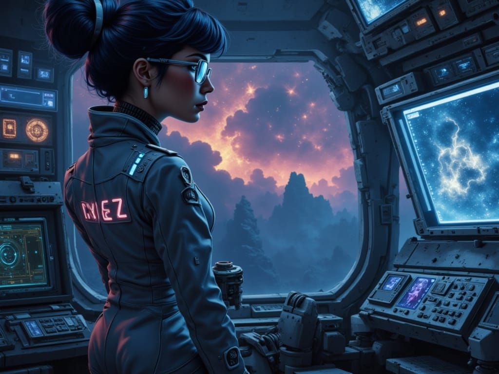 A lone starship captain gazes out at a breathtaking nebula, their face illuminated by the soft glow of the ship's console. They are clad in ...